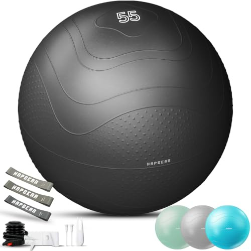 HAPBEAR Exercise Ball 48-55cm - Anti-Burst Slip-Resistant Yoga/Pilates Ball for Core Training & Posture Improvement, Home Gym/Rehab/Pregnancy Ball, Quick Pump & 3 Resistance Bands Included