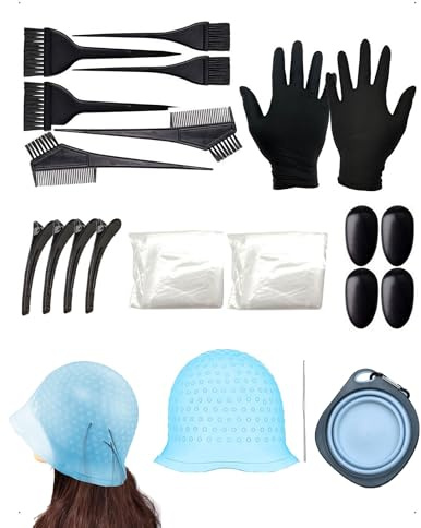 SanKristo 20 Pz Kit Strumenti Colorare Capelli, Set Pennello Tinta Capelli, Silicone Tinture Capelli Cuffia Meches Ganci Pettine Ciotola Guanto Copri Forcine Orecchie Pennelli, Fai Da Te Casa Saloni