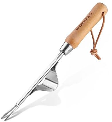 WORKPRO Estirpatore Erbacce Manuale in Acciaio Inossidabile e Legno di Faggio con Punta Vaffilata e Azione di Leva, Strumento Efficiente per Estirpare Erbacce, Utile Attrezzo da Giardino