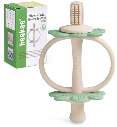 haakaa Baby Bitring i Silikon, 2-i-1 Bitleksak med Nappformad Ände och 360° Borsthuvud, Tandköttsmassage, Lätt att Greppa, Ärtgrön