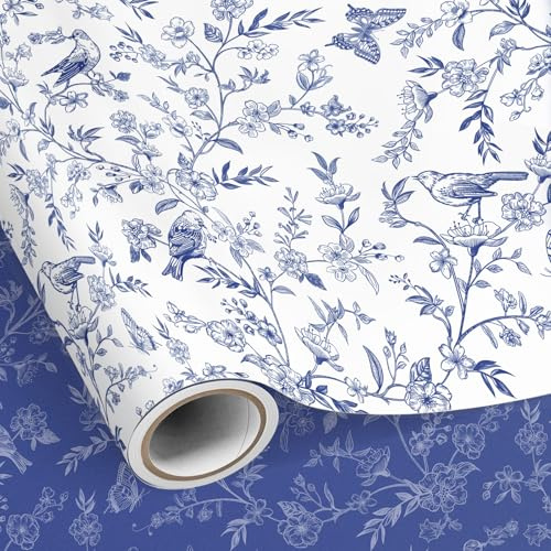 Neloheac blå och vita blommor omslagspapper vändbar, elegant blomma fågel presentpappersrulle 43 cm x 10 m per rulle för bröllop, födelsedag, mors dag, alla hjärtans dag, brudfest