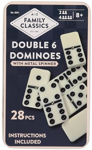 Family Classics Double 6 Dominoes Set with Metal Spinner, 28 Pieces, Ages 8+, 2-4 Players