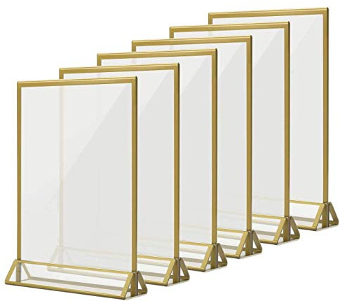 Gardenlovers Thekenaufsteller, 6 x Acryl Aufsteller mit goldenen Seitenkanten - auch als Werbeaufsteller/Tischaufsteller für Hochzeitsparty oder auf Theke nutzbar (21 x 30 cm (für A4))
