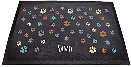 Hundemotiv Pfötchen Futterplatzmatte Napfunterlage | mit Wunschnamen personalisiert | Waschbar | (Pfoten Bunt 1)