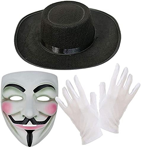 Dreamzfit - Erwachsene Halloween Anonymous Guy Fawkes Hacker ~ V für Vendetta Weiß Gruselige Maske Schwarz Hut & Handschuhe Horror Purge Party Verkleidung Kostüm