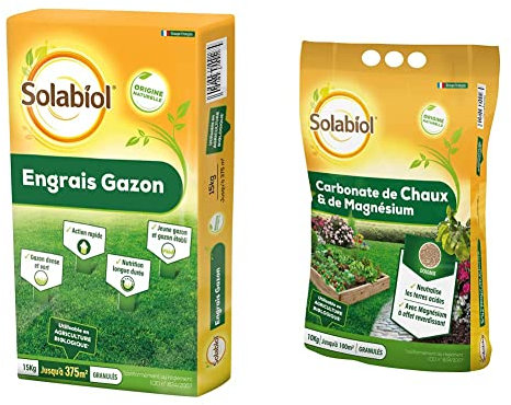 SOLABIOL Engrais gazon organique - Sac de 15 kg pour 375 m² de gazon - Utilisable en Agriculture Biologique & SOCHAUX10 Carbonate De Chaux Et De Magnésium 10kg, Efficace