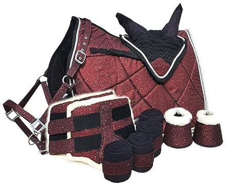 German Riding Perfect Match Schabracke Set Hufglocken Halfter Fliegenhaube Bandagen Gamaschen Glitzer Shetty Pony Cob Full (WB) (Full, Bordeaux)
