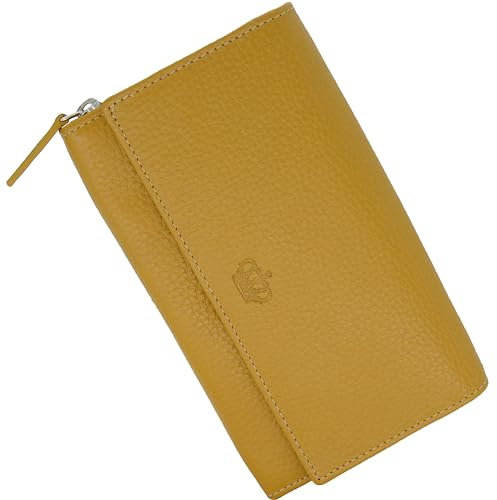 Baur Damen Geldbörse Echt Leder Geldtasche | Geldbeutel mit RFID Schutz |großes Portemonnaie viele Kartenfächer |Wallet mit Druckknopf |Portmonee |Damen-Geldbörsen |Damengeldbörsen (Senf-Gelb)