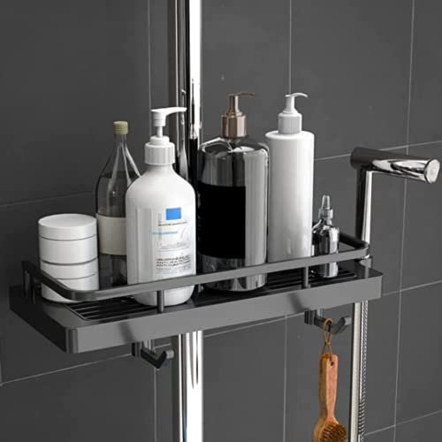 maname Estanteria Ducha sin Taladro - Soporte Colgante para Accesorios de Baño con 2 Ganchos y Bandeja de Ducha, Adecuado para Barras de Ducha de 20mm-25mm (Negro Mate) Estante rectangular.