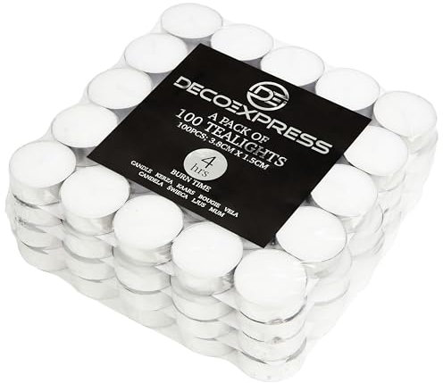 DECO EXPRESS Teelichter Großpackung, 24, 25, 50, 100 oder 200 Teelichter Lange Brenndauer 4, 8 oder 10 Stunden (Weiß, 100/4 Stunden)