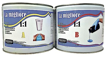 PROCHIMA La Migliore, Resina Epossidica Trasparente A + B 1:1, Crea un Effetto Plexyglass che non Ingiallisce, Atossica, Colorabile, Facile da Utilizzare, Cetificata Pn1, 5 KG
