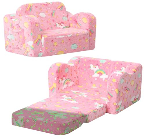 MeMoreCool Glowing Pink Rainbow Kids Chair, 2-in-1 Glow-in-the-Dark Kids Couch Fold Out Sofa for Girls, Comfy Plush Foam Recliner for Playroom Nursery, Washable Cover, Ages 1-3