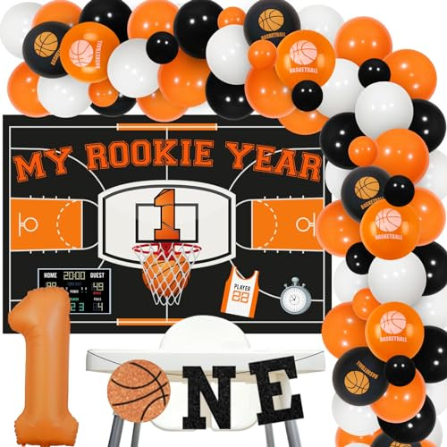 kreat4joy Rookie Year 1st Birthday Decorations Basketball, Orange Black Basketball Balloon Arch Backdrop, One High Chair Banner Number 1 Foil Balloon for Boy Sports First Birthday