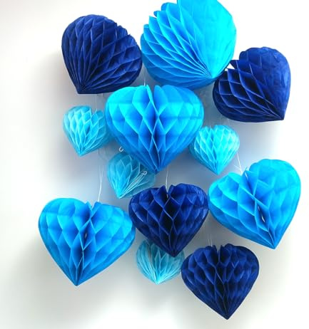 Heart Tissue Paper Pom Poms Paper Honeycomb Ball Hearts Decorations 4 6 8 Perfect for Party Decor Wedding Valentine's Day Engagement Bridal Shower Baby Shower Birthday (Blue Set)