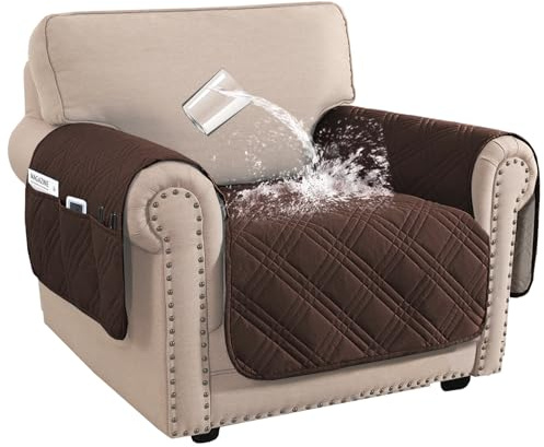 BellaHills Waterproof Sofa Cover 1 Seater Living Room Armchair Covers Sofa Slipcovers Chair Seat Covers with Side Pocket for 1 Seater Sofa Washable Couch Cover for Dogs (1 Seater, Brown)
