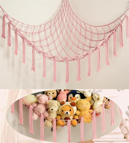 mirolam Stuffed Animal Storage Hammock Net - Toy Hammock Net for Stuffed Animals Corner - Hanging Stuff Animal Organizer Holder Large Pink Baby Nursery Room Decor