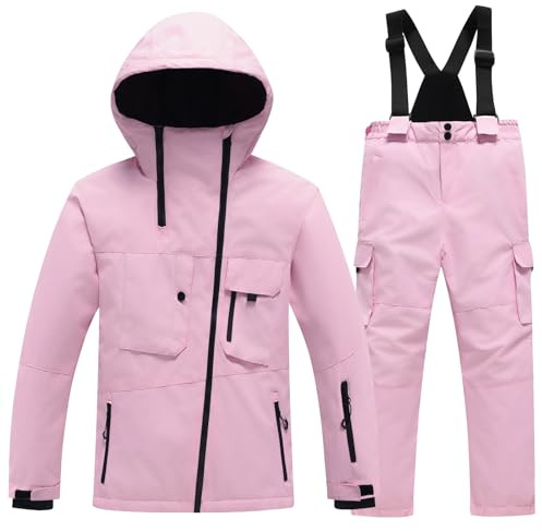 L SERVER Mono de esquí para niña con capucha a prueba de viento e impermeable Trajes de nieve para niño cálido para niños y ropa de esquí, Rosa claro + rosa claro, 12-13 Años