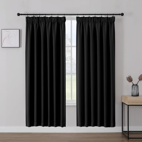 Joydeco Cortinas Opaca Termicas Aislantes Frio y Calor An 140 x Al 175 Negro 2 Piezas Cinta Fruncidora Riel para Salon Dormitorio