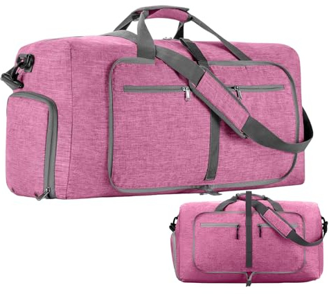 60L Bolsa de Viaje Plegable para Hombre y Mujeres, Bolsa de Viaje Impermeable con Compartimento Zapatos, Maleta Plegable Grande y Ligera para Acampar, Deportes y Vacaciones (Rosa)