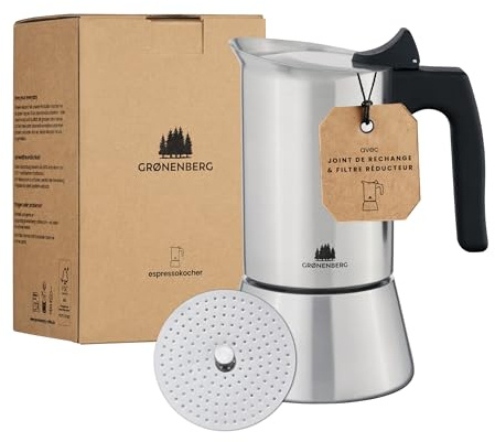 Groenenberg Caffettiera a induzione + filtro riduttore, in acciaio inox, 4 o 6 tazze, con guarnizione di ricambio