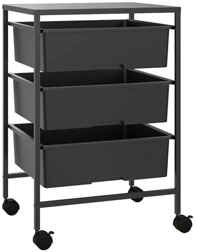 HOMCOM Servierwagen mit 3 Ebenen Küchenwagen mit Griff und Rollen Allzweckwagen mit 3 geräumigen Körben Küchenregal Küchenrollwagen für Küche Büro Badezimmer, Schwarz