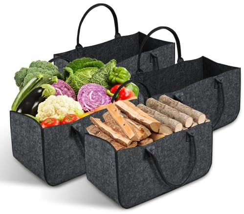 Borsa in Feltro per Legna da Ardere，XL Cesto Portalegna da Interno con Manici，Cestino In Legno Di Feltro，Pieghevole Cesta Camino per Caminetto Shopper Giornali Vestiti Giocattoli，Grigio Scuro,4 Pezzi