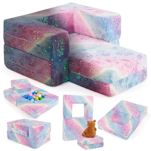 COSTWAY Kids Play Sofa, Glow in The Dark Modular Toddler Couch Chair with Machine Washable Cover, Fold Out Convertible Children Foam Sofa for Playroom Bedroom (Rainbow Unicorn)