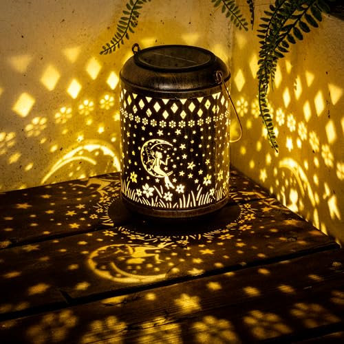 GIGALUMI Solar Lanterns Outdoor, Fairy Hanging Solar Garden Lights, Waterproof Metal Garden Ornament Decoration for Yard, Patio, Porch, Backyard, Lawn