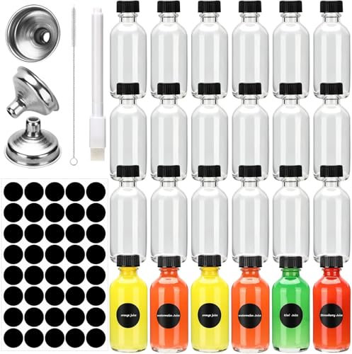 Bottigliette per Liquori Mini, Set di Mini Bottiglie per Liquore con Tappi a Vite e Imbuto, 60ml Riutilizzabile Bottigliette Trasparenti con Imbuto per Olio, Sciroppo, Birra, Succo e Vino (24)