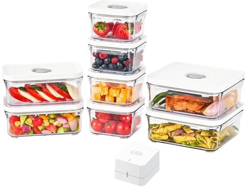 VAKUEN Premium lufttäta matförvaringsbehållare, mini 9P/SET inkluderar vakuumtätare, smart tätningslock med ett klick, inga gångjärn, 100 % läckagesäker, BPA-fri, diskmaskin-, frys- och