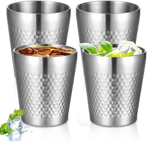 Lot de 4 gobelets en acier inoxydable - 300 ml - Empilables - Double paroi - En métal - Incassables - Motif martelé - Pour le camping, la bière, le jus, l'eau