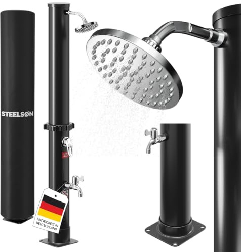 STEELSØN Velion Solardusche Garten 40 L – Solar Gartendusche Winterfest – Außendusche 60° schwarz – Pooldusche mit Fußdusche & Regenduschkopf – Campingdusche inkl. Gartenschlauch-Anschluss & Cover