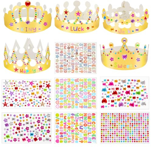 NIUBIER Gold Paper Crowns, 15 Pcs DIY Birthday Party Crowns, King & Princess Crown Hats with Gem Stickers, Letters and Number Stickers for School, Party & Craft Decoration