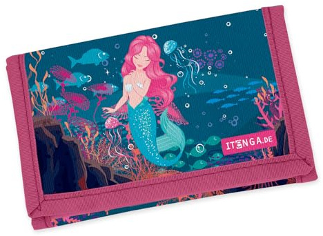 itenga Kinder Geldbörse - Geldbeutel und Brustbeutel - mit Klettverschluss, Kordelband, Geldscheinfach und Münzfach Sichtfenster für Mädchen und Jungen (Motiv Meerjungfrau)