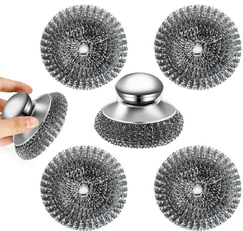 Metal Scourer with Handle – Set of 5 Stainless Steel Scourers, Heavy Duty Wire Wool Pads 10x10cm, Comfortable Grip, Durable, Rust-Resistant for Pots, Pans, Ovens & Grills