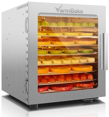 VarmBake Dörrautomat Edelstahl 8 Etagen, 30-90℃ Dörrautomat Klein, 0.5㎡ Dörrfläche, 500W Dörrgerät Für Lebensmittel, Dörrautomaten Für Obst, Fleisch, Gemüse & 316 Tabletts(25 * 25cm)
