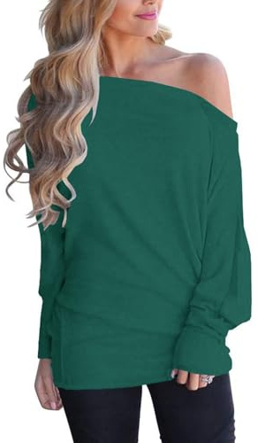 Mcnlyce Off the Shoulder Shirts Tops for Women Sexy Sweaters for Party Clubbing Long Sleeve Dark Green XXL