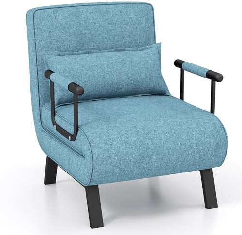 COSTWAY Folding Sofa Bed, 4-in-1 Convertible Single Sofa Chair Bed with 6-Position Adjustable Backrest and Pillow, Padded Seat Lounge Couch Guest Sleeper Recliner Armchair for Living Room (Turquoise)