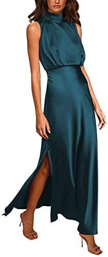 FNKDOR Robe de Soirée Femme Couleur Unie Robe Longue en Satin Maxi Robes sans Manche Col Montant Chic et Élégante Fente Latérale Robes de Cocktail Fête Bal Mariage Cérémonie(Bleu,M)