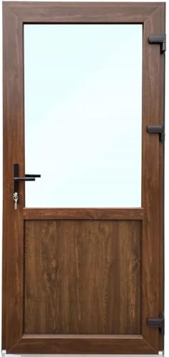 Porta d'ingresso in plastica, 90 x 200 cm, DIN destra, porta d'ingresso secondaria con vetri di sicurezza, set completo per porta di negozio, garage, casa, porta d'ingresso con serratura a 4 punti e