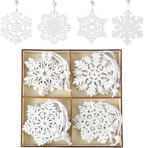 16pcs Wooden Snowflake Christmas Ornaments Set, White Snowflakes for Crafts, Snowflake Hanging Ornament for Christmas Tree Winter Garland
