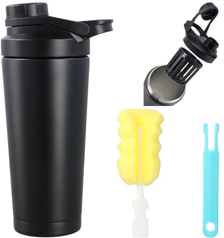 Astralong Shaker Proteinas 750ml, Coctelera de Proteínascon, Cantimplora Termica Acero Inoxidable con Cepillo para Vasos, Cantimplora Termo con Doble Aislamiento para Senderismo, Yoga, Running