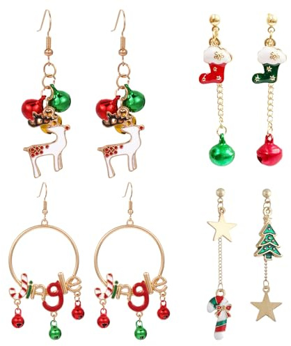 4 Paires Boucles d'oreilles Femme Noel, Boucles d'oreilles Pendantes Fantaisie Bijoux Acier Inoxydable, Boucle d'oreille Sapin Noël avec Clochettes Petits Cadeau de Table pour Épouse Enfant Fille