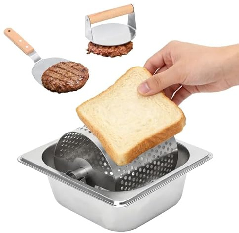 Butter Roller for Buns with 5.5in Burger Press & Grill Spatula - 1.9lb Capacity Butters Wheel Griddle Kit for Even Melted Butter Spreading on Bread, Burgers & BBQ