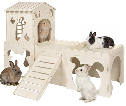 Orekemo Large Rabbit House, Wooden Bunny Castle with 4 Houses Indoor, Rabbit Guinea Pig Cage Multistory Climbing Tower Sturdy Wooden Castle, Small Animal Hideaway Tunnel (4 Houses)