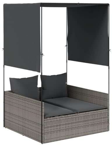 Tomostar Bain de Soleil, Chaise Longue Double Jardin Extérieur Transat pour Piscine avec Toit et Rideaux Gris résine tressée