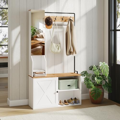 YU YUSING Vestiaire d'Entrée Multifonctionnel avec Miroir Banc et Placard, Meuble Porte-Manteau et Chaussures, 4 Crochets, Rangement Chaussures Réglable, Gain de Place, Couloir, Chambre, 90x30x170 cm