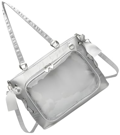 PURPLELILY Itabag - Borsa a tracolla con fiocchi e cravatta, a spalla, stile casual, per la scuola, per esporre spille, da donna, con finestra trasparente