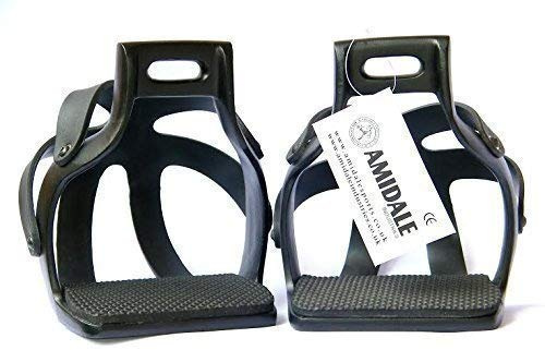 AMIDALE ALUMINIUM ENDURANCE FLEX RIDE CAGED SAFETY HORSE STIRRUPS BLACK BNWT