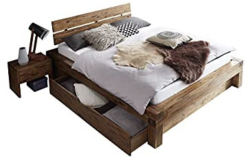 SAM Balkenbett 160x200 cm Alias mit Bettkasten, Holzbett aus Akazienholz, Natur-Holzbett mit geteiltem & angewinkeltem Kopfteil, jedes Bett EIN pflegeleichtes Unikat